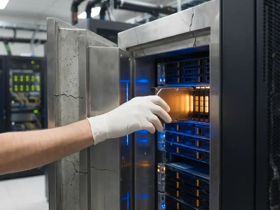 Technicus in latexhandschoen extraheert een gloeiende dataschijf uit een open serverkluis met gestapelde drives in blauw-amberlich.