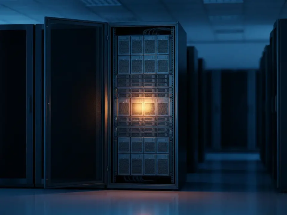 Verlicht serverrack met één actief knooppunt naast een slapende back-upunit in een donker datacenterpad, blauwe en amberkleurige tonen.