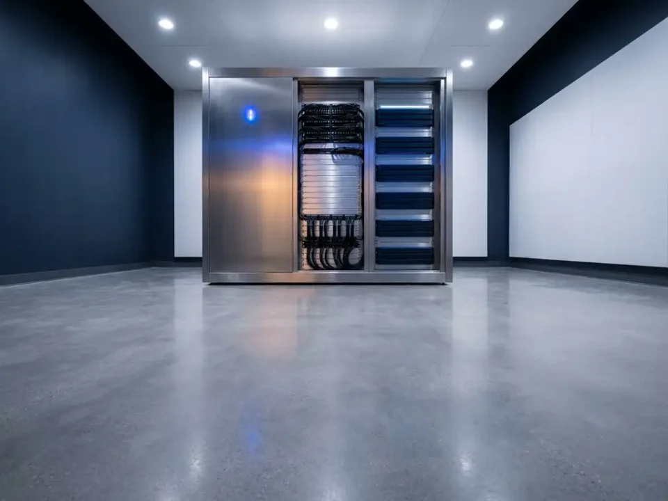 Serverrack in modern datacenter met blauw indicatielampje op geborsteld staal, koele witte en marineblauw tinten met amberkleurig accent.