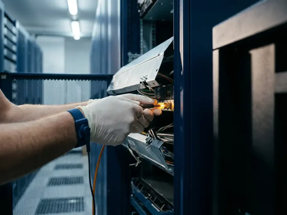 Technicus sluit lichtgevende datakabel aan op serverrack tijdens herstelwerkzaamheden in moderne serverruimte.