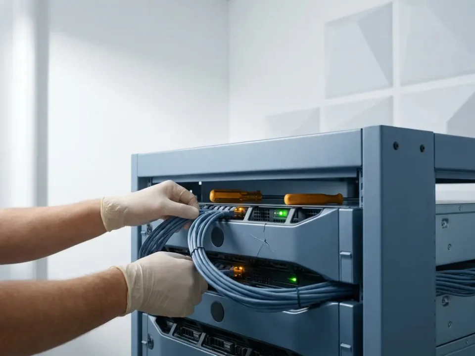 Beschadigde serverrack in modern datacenter tijdens herstel, met amberkleurig statuslampje dat naar groen overgaat.