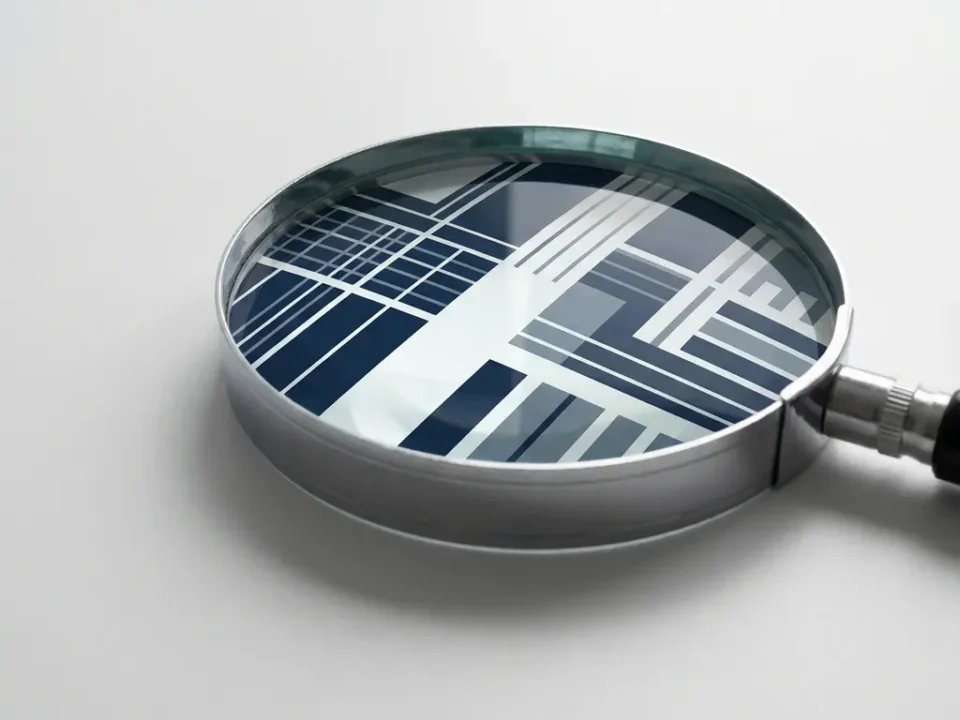 Vergrootglas op wit bureau met geometrische datalijnen en staafdiagrammen zichtbaar door de lens, marineblauw en grijs kleurenpalet.