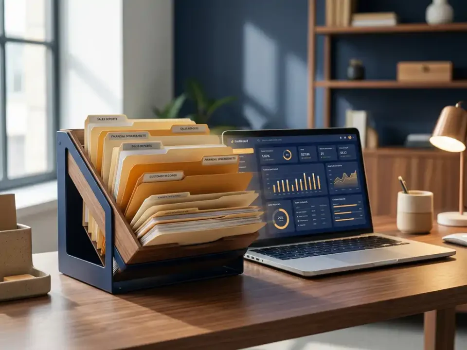 Georganiseerde ordners met verkooprapporten en financiële gegevens die samenkomen in een overzichtelijk dashboard op een laptop, modern kantoor.