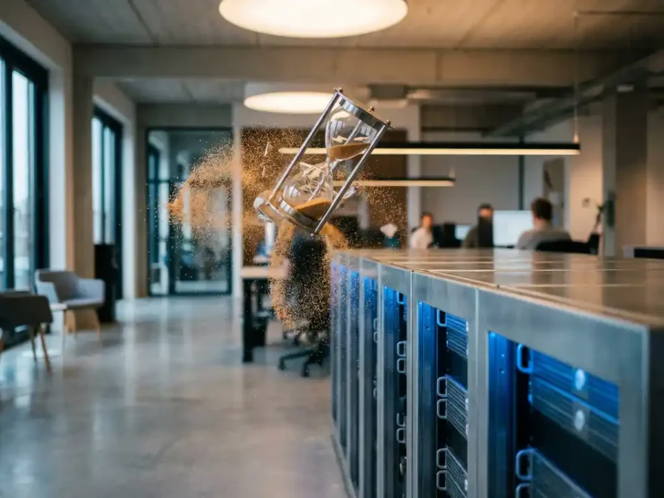 Gebroken zandloper boven serverrack in Nederlands IT-kantoor, met bevroren zand dat verloren hersteltijd symboliseert.